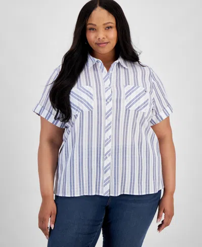 Shop Tommy Hilfiger Plus Size Cotton Dobby Stripe Camp Shirt In Bright White,harbor Blue