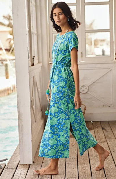 Shop Jjill J.jill Cap-sleeve Maxi Dress In Cabana Blue Woodcut Jacobean