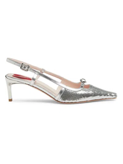 Shop Roger Vivier Women's Mini Buckle 50mm Sequined Leather Slingback Pumps In Silver