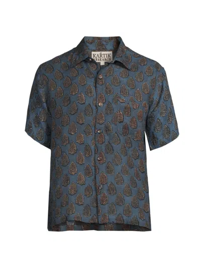 Shop Kartik Research Men's Leaf Linen Button-front Shirt In Navy Black