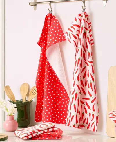 Kate Spade Hot Hot Hot Peppers And Spring Time Dot Kitchen Towel 4-pack In Red