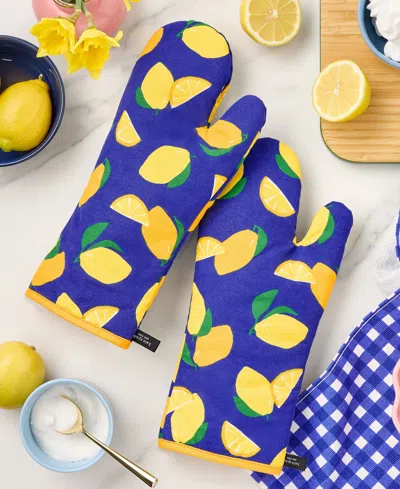 Shop Kate Spade Lemon Party Oven Mitt Navy 2-pack In Navy Blue,yellow