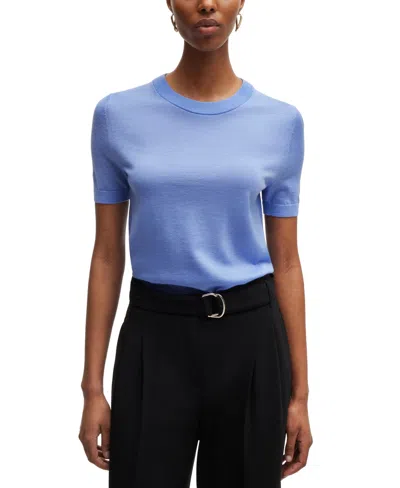 Shop Hugo Boss Boss By  Women's Merino Wool Short-sleeved Sweater In Open Blue