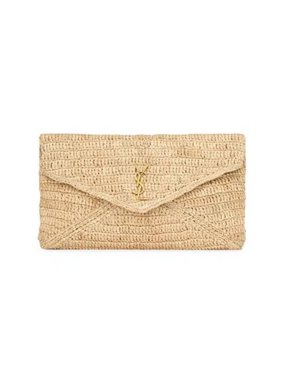Shop Saint Laurent Women's Cassandre Large Envelope Pouch In Raffia In Natural Brick