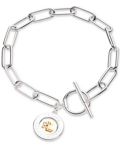 Shop Ralph Lauren Lauren  Sterling Silver & 18k Gold-plated Vermeil Logo Charm Chain Bracelet In Gold,silve