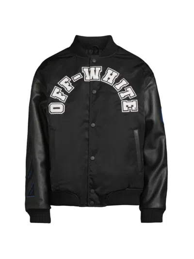 Shop Off-white Men's Logo Leather-sleeve Varsity Jacket In Black White