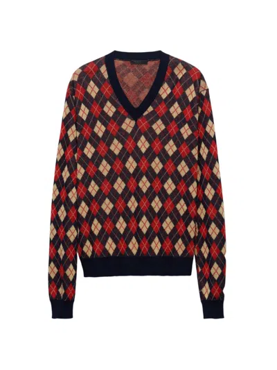 Shop Prada Men's Argyle Cotton Sweater In Blue Red