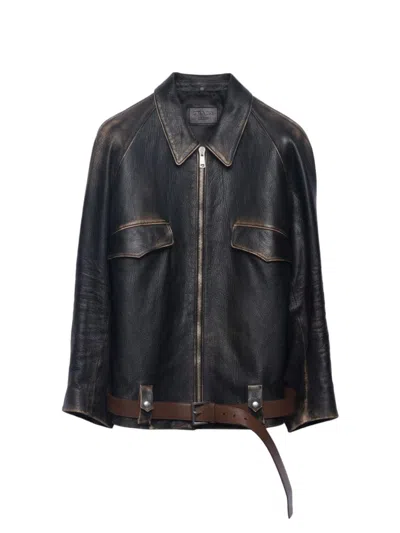 Shop Prada Women's Leather Blouson Jacket In Black
