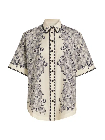 Shop Alemais Women's Airlie Floral Cotton-silk Short-sleeve Shirt In Navy Cream
