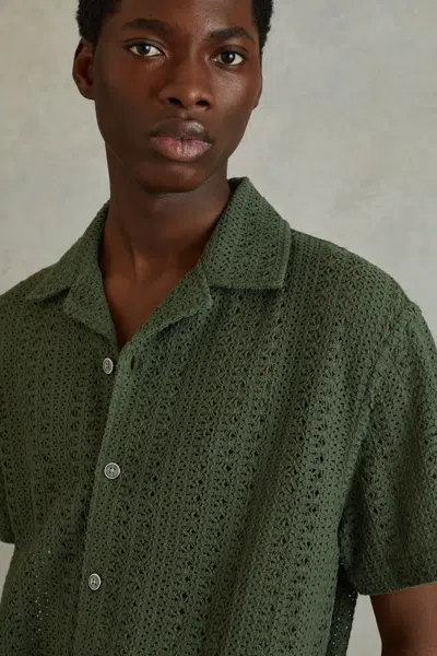 Reiss Olive Green Cotton Crochet Cuban Collar Shirt In Olive Green
