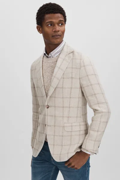 Shop Oscar Jacobson Linen Blend Single Breasted Check Blazer In Cream