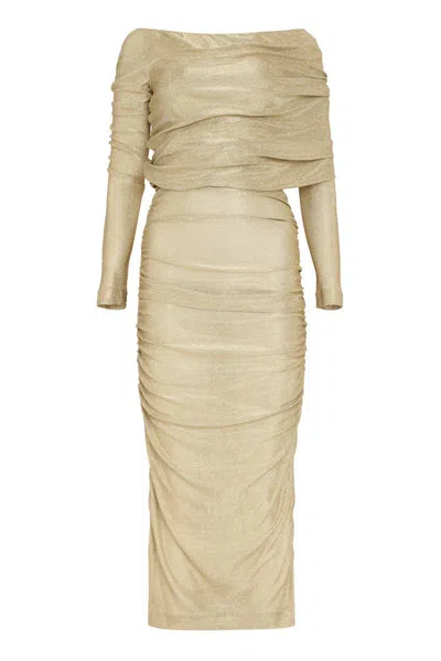 Shop Dolce & Gabbana Draped Pencil Dress In Gold