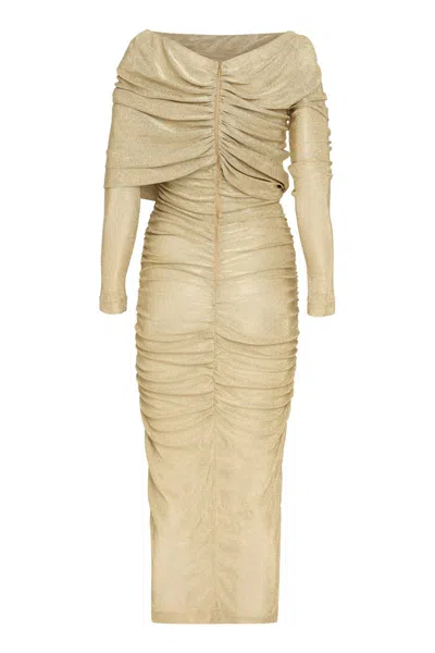Shop Dolce & Gabbana Draped Pencil Dress In Gold
