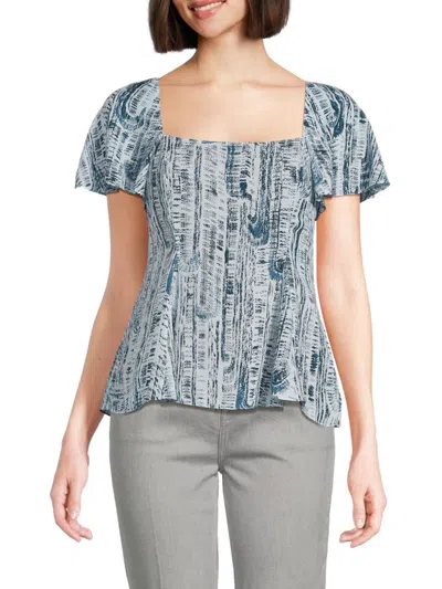 Theory Short-sleeve Godet Printed Silk Top In Teal Multi