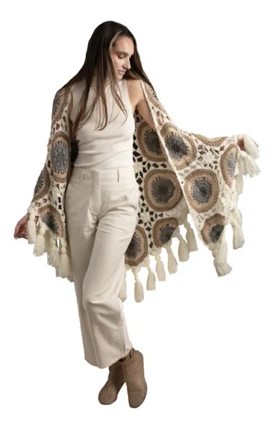 Saachi Crochet Tassel Sunshine Shawl In Ivory Multi