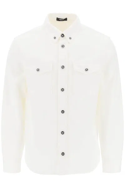 Shop Versace Medusa Denim Overshirt In Bianco