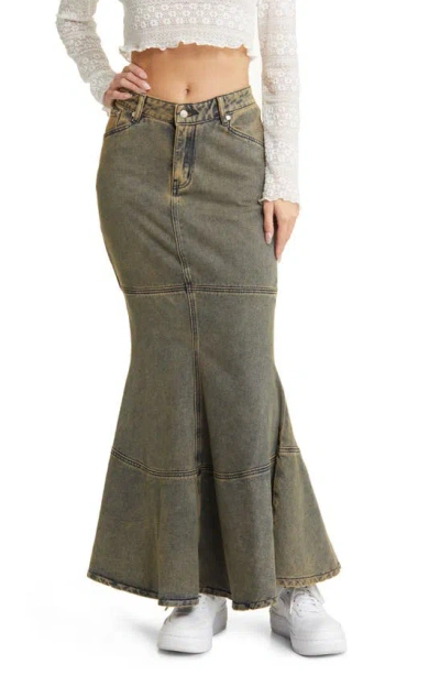 Shop House Of Sunny Courtyard Trumpet Denim Maxi Skirt In Clay