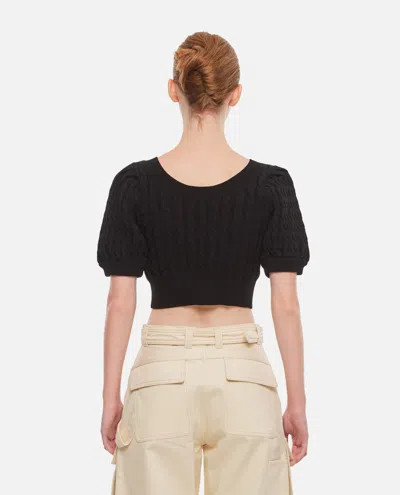 Shop Simone Rocha Cropped Puff Sleeve Open Neck Cable Top In Black