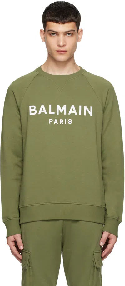 Shop Balmain Khaki Paris Print Sweatshirt In Uio Kaki/blanc