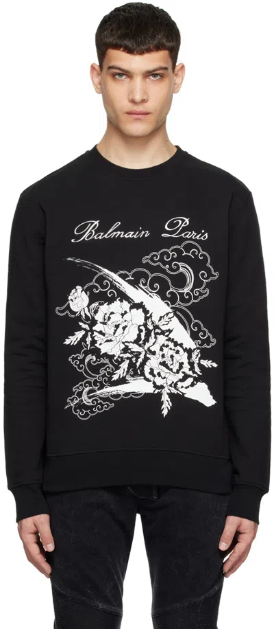 Shop Balmain Black Flower Print Sweatshirt In Eab Noir/blanc