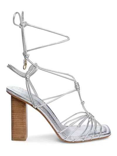 Shop Ulla Johnson Women's 100mm Knotted Metallic Leather Ankle-wrap Sandals In Silver