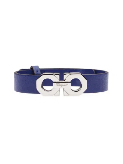 Shop Ferragamo Men's Gancini Leather Bracelet In Blue