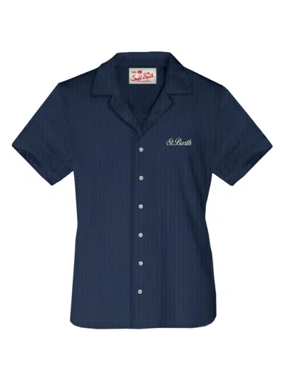 Shop Mc2 Saint Barth Men's Menton Waffle-knit Short-sleeve Shirt In Navy