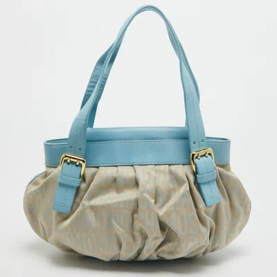 Shop Moschino Light /beige Monogram Canvas And Leather Flap Hobo In Blue