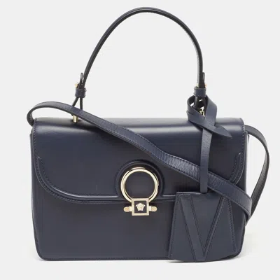 Shop Versace Leather And Suede Dv One Top Handle Bag In Blue