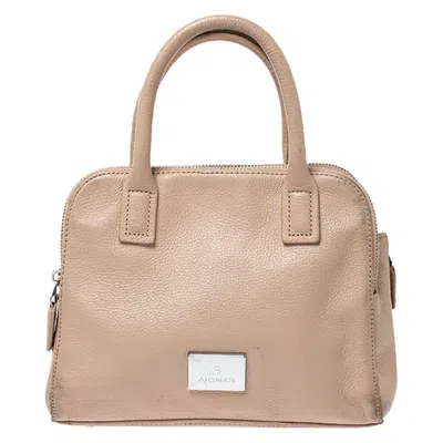 Shop Aigner Leather Double Zip Top Handle Bag In Beige