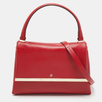 Shop Carolina Herrera Leather Metal Bar Flap Top Handle Bag In Red