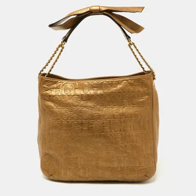Shop Ch Carolina Herrera Embossed Monogram Leather Chain Bow Hobo In Gold