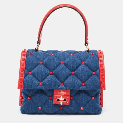 Shop Valentino /red Denim And Leather Candystud Top Handle Bag In Blue