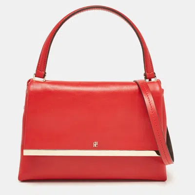 Shop Ch Carolina Herrera Leather Metal Bar Flap Top Handle Bag In Red