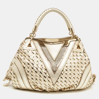 Shop Versace Woven Leather V Crystals Bag In Gold