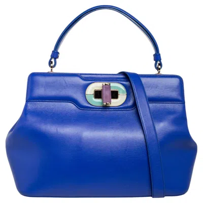 Shop Bvlgari Leather Isabella Rossellini Top Handle Bag In Blue
