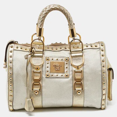 Shop Versace /gold Nylon And Leather Studded Madonna Satchel In Beige