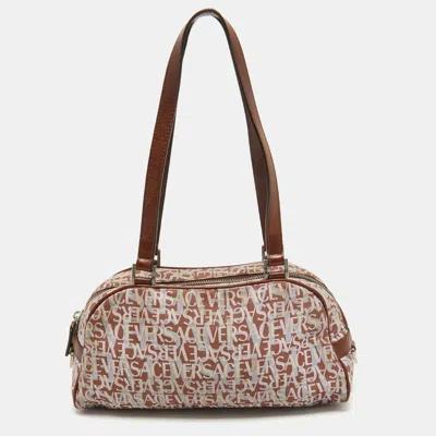 Shop Versace /multicolor Printed Fabric And Leather Satchel In Brown