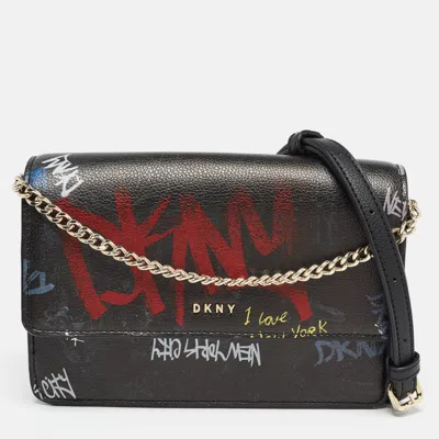 Shop Dkny Leather Graffiti Print Flap Crossbody Bag In Black