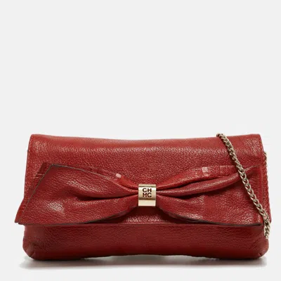Shop Ch Carolina Herrera Monogram Leather Bow Chain Clutch In Red