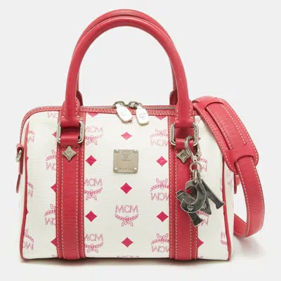 Shop Mcm Visetos Coated Canvas And Leather Charm Boston Bag In Pink