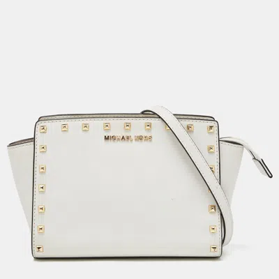 Shop Michael Kors Saffiano Studded Leather Small Selma Crossbody Bag In White