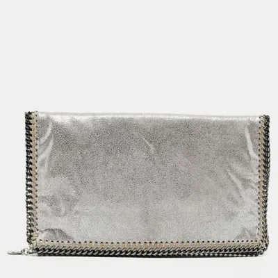 Shop Stella Mccartney Faux Leather Falabella Fold-over Clutch In Silver