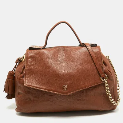 Shop Carolina Herrera Leather Minuetto Top Handle Bag In Brown