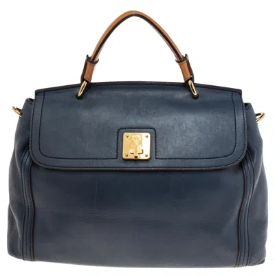 Shop Mcm Leather Turn Lock Flap Top Handle Bag In Blue