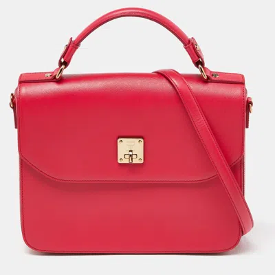 Shop Mcm Leather Turnlock Flap Top Handle Bag In Red
