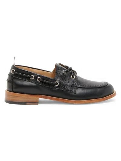 Shop Thom Browne Men's Eyelet Leather Boat Shoes In Black