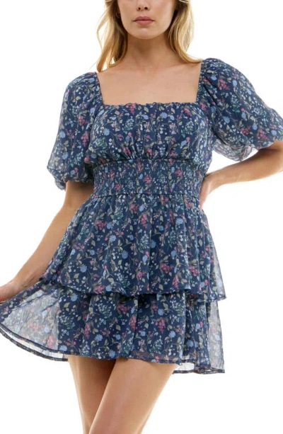 Shop Row A Floral Smocked Waist Tiered Minidress In Navy Floral