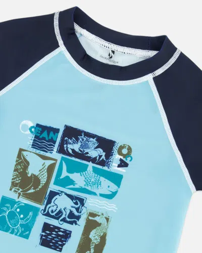 Shop Deux Par Deux Boy's Short Sleeve Rashguard With Printed Fish Navy