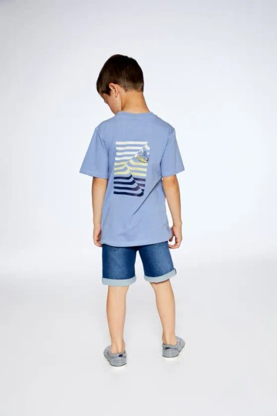 Shop Deux Par Deux Boy's Organic Cotton T-shirt Blue Printed On Front And Back